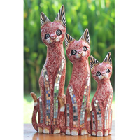 Wooden Cat Set Of 3 With Painted, Handmade From Albesia Wood