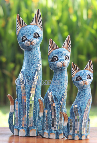 Wooden Cat Set Of 3 With Painted, Handmade From Albesia Wood