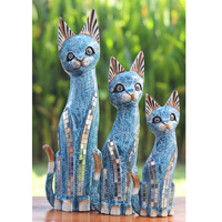 Wooden Cat Set Of 3 With Painted, Handmade From Albesia Wood