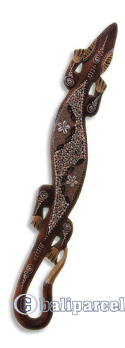 Singel Gecko Wall Plaque, Handcarved From Albesia Wood Inlaid With Sand Stone