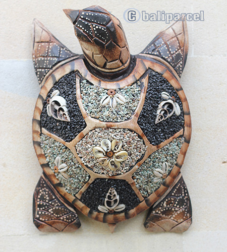 Wooden Wallhanging Turtle, Handmade From Albesia Wood Inlaid With Sandstone