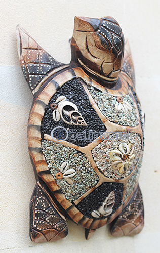 Wooden Wallhanging Turtle, Handmade From Albesia Wood Inlaid With Sandstone