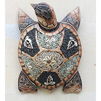 Wooden Wallhanging Turtle, Handmade From Albesia Wood Inlaid With Sandstone