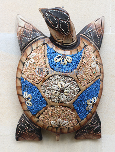Wooden Wallhanging Turtle, Handmade From Albesia Wood Inlaid With Sandstone