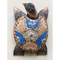 Wooden Wallhanging Turtle, Handmade From Albesia Wood Inlaid With Sandstone