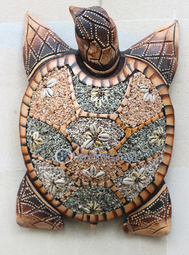Wooden Wallhanging Turtle, Handmade From Albesia Wood Inlaid With Sandstone