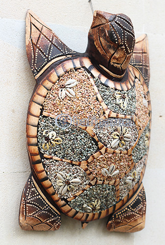 Wooden Wallhanging Turtle, Handmade From Albesia Wood Inlaid With Sandstone