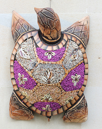 Wooden Wallhanging Turtle, Handmade From Albesia Wood Inlaid With Sandstone