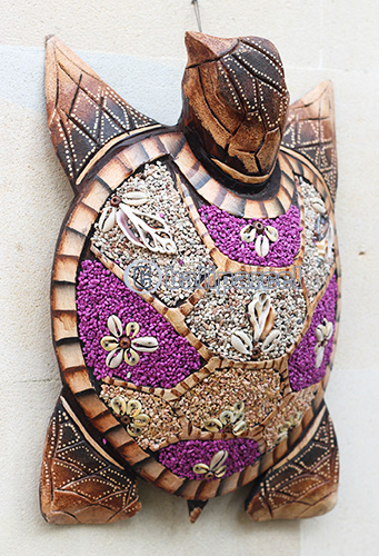 Wooden Wallhanging Turtle, Handmade From Albesia Wood Inlaid With Sandstone