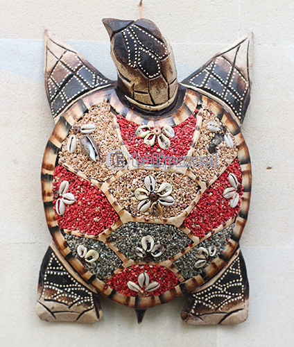 Wooden Wallhanging Turtle, Handmade From Albesia Wood Inlaid With Sandstone
