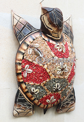 Wooden Wallhanging Turtle, Handmade From Albesia Wood Inlaid With Sandstone