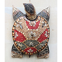 Wooden Wallhanging Turtle, Handmade From Albesia Wood Inlaid With Sandstone