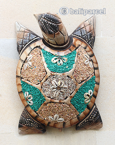 Wooden Wallhanging Turtle, Handmade From Albesia Wood Inlaid With Sandstone