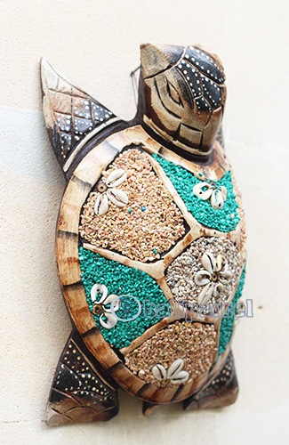 Wooden Wallhanging Turtle, Handmade From Albesia Wood Inlaid With Sandstone