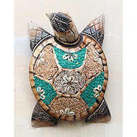 Wooden Wallhanging Turtle, Handmade From Albesia Wood Inlaid With Sandstone