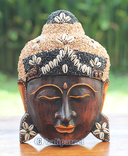 Wooden Mask Buddha, handmade from Albesia wood inlaid with 