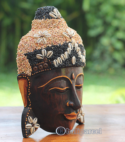 Wooden Mask Buddha, Handmade From Albesia Wood Inlaid With Sandstone