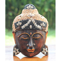 Wooden Mask Buddha, Handmade From Albesia Wood Inlaid With Sandstone