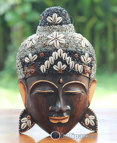 Wooden Mask Buddha, Handmade From Albesia Wood Inlaid With Sandstone