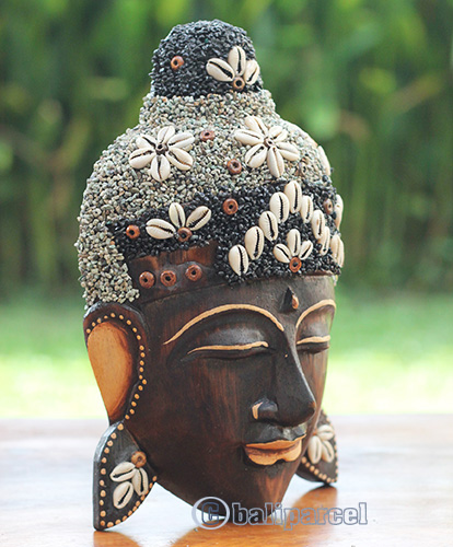 Wooden Mask Buddha, Handmade From Albesia Wood Inlaid With Sandstone