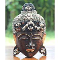 Wooden Mask Buddha, Handmade From Albesia Wood Inlaid With Sandstone