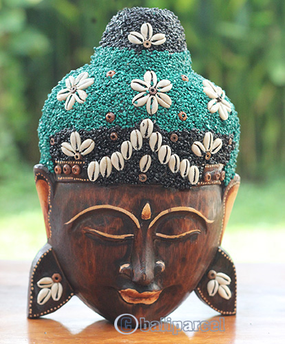 Wooden Mask Buddha, Handmade From Albesia Wood Inlaid With Sandstone