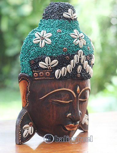 Wooden Mask Buddha, Handmade From Albesia Wood Inlaid With Sandstone