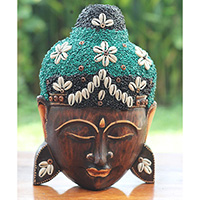 Wooden Mask Buddha, Handmade From Albesia Wood Inlaid With Sandstone