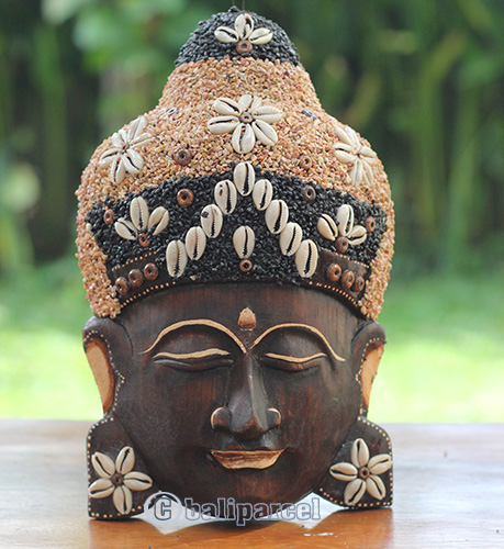 Wooden Mask Buddha, Handmade From Albesia Wood Inlaid With Sandstone