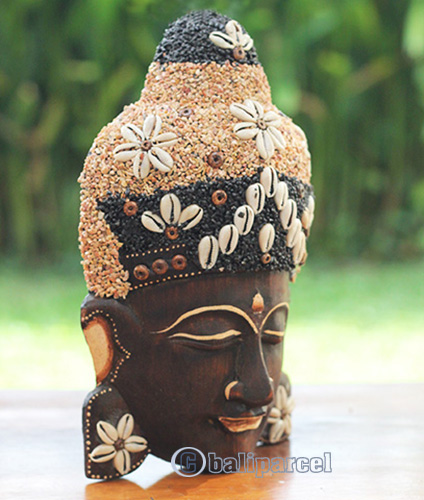 Wooden Mask Buddha, Handmade From Albesia Wood Inlaid With Sandstone