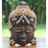 Wooden Mask Buddha, Handmade From Albesia Wood Inlaid With Sandstone