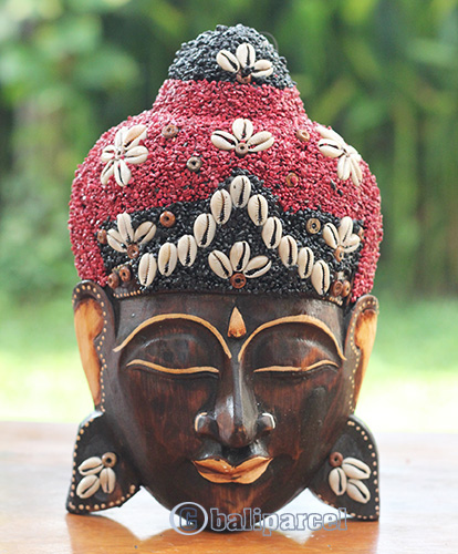 Wooden Mask Buddha, Handmade From Albesia Wood Inlaid With Sandstone
