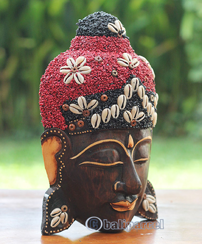 Wooden Mask Buddha, Handmade From Albesia Wood Inlaid With Sandstone