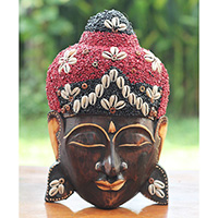 Wooden Mask Buddha, Handmade From Albesia Wood Inlaid With Sandstone
