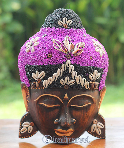 Wooden Mask Buddha, Handmade From Albesia Wood Inlaid With Sandstone