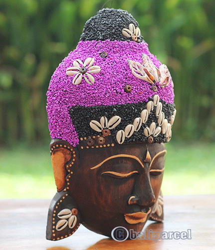Wooden Mask Buddha, Handmade From Albesia Wood Inlaid With Sandstone