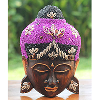 Wooden Mask Buddha, Handmade From Albesia Wood Inlaid With Sandstone