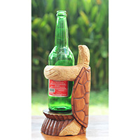 Wooden Turtle Wine Bottle Holder, Hand Carved From Jempinis Wood