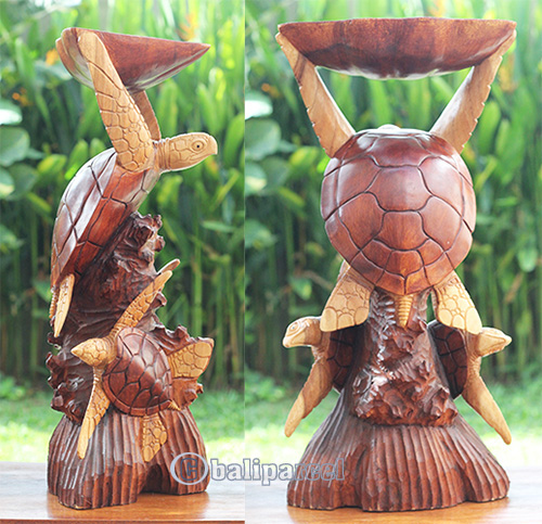 Wooden Turtle Carving With 2 Babies, Hand Carved From Suar Wood