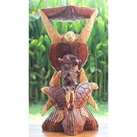 Wooden Turtle Carving With 2 Babies, Hand Carved From Suar Wood