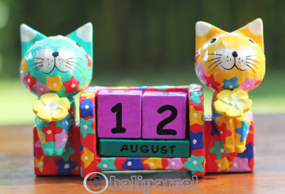 Wooden Calendar With Cat, Hadmade From Albesia Wood