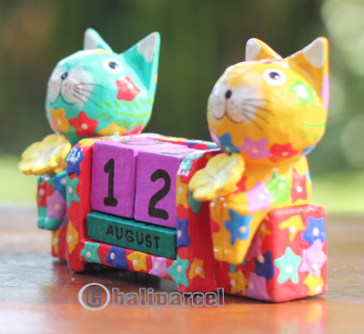 Wooden Calendar With Cat, Hadmade From Albesia Wood