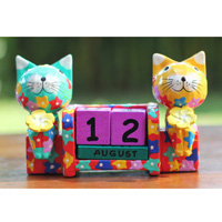 Wooden Calendar With Cat, Hadmade From Albesia Wood
