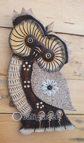 Wooden Wallhanging Owl Painted With Inlaid With Sandstone, Handmade From Albesia Wood