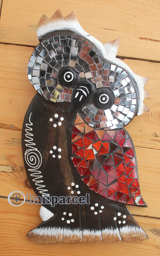 Wooden Wallhanging Owl Painted With Mosaic, Handmade From Albesia Wood