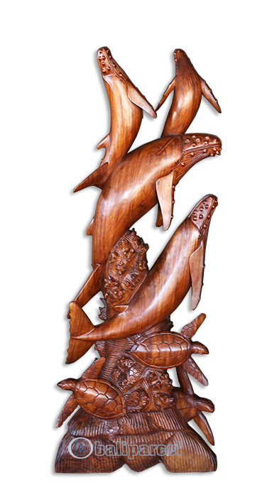 Wooden 4 Whale With 3 Turtle, Handmade From Suar Wood
