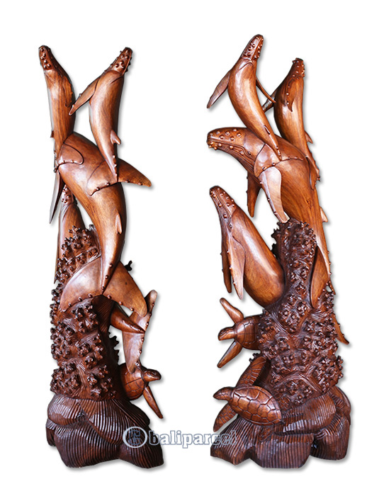Wooden 4 Whale With 3 Turtle, Handmade From Suar Wood