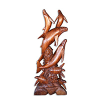 Wooden 4 Whale With 3 Turtle, Handmade From Suar Wood