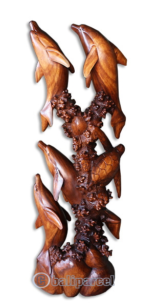 Wooden 4 Dolphins With Turtle, Hand Carved From Suar Wood