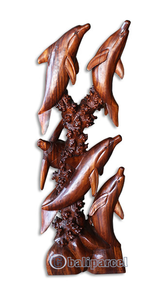 Wooden 4 Dolphins With Turtle, Hand Carved From Suar Wood